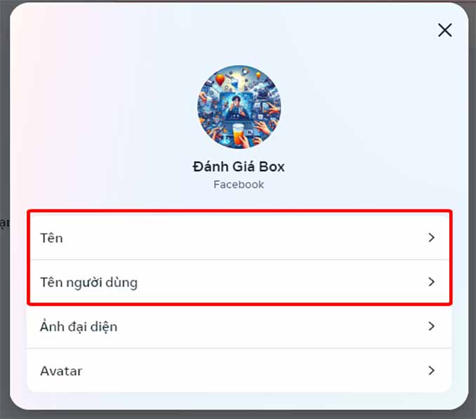 Tuỳ chọn đổi tên Facebook