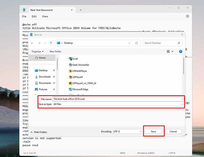 Đặt tên và lưu file kích hoạt Microsoft Office 2019